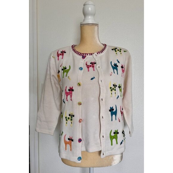 VTG Berek 2 Takako Sakon Cats & Fish Multi Beaded Sweater/Tank Top Set Sz Small - Picture 3 of 16